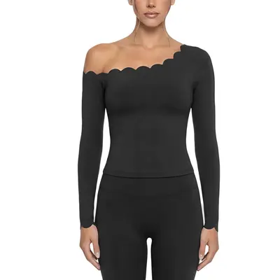 Lace Trim Asymmetric Shoulder Yoga Top High Stretch Long Sleeve - 9