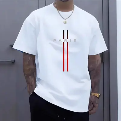 Erkek %100 Pamuk Bol Kalıp Paris Harfli Baskılı Kısa Kollu T-Shirt - 8