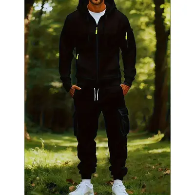 Cross-border New Style Workwear Hooded Sweatshirt Set for Men, Casual Versatile Sports Multi-Pocket Two-Piece Set with Drawstring Cuffs