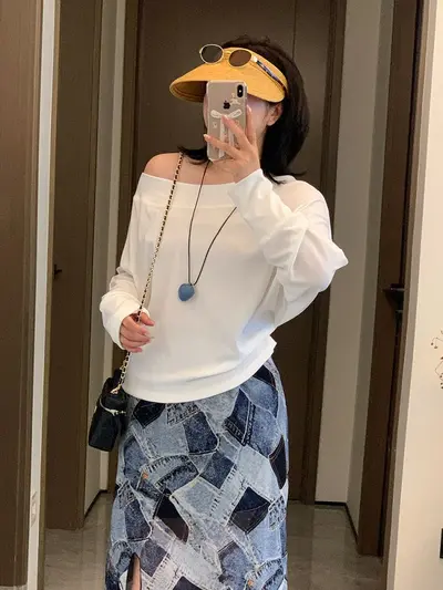 Women's Plus Size Off-Shoulder Long Sleeve Top, Casual Fit, 9321 - 4