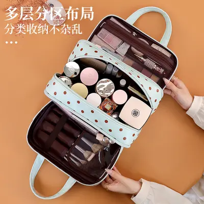 Mint Green Polka Dot Makeup Bag, Large Capacity, Three-Layer, Waterproof - 3