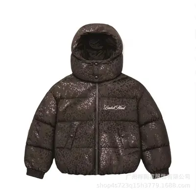 Women's Black Leopard Print Hooded Short Winter Coat, Waterproof Thick Cotton Jacket - 8
