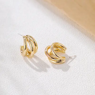 S925 Silver Needle Copper-Plated Real Gold Classic Versatile Earrings, Same Style as the Popular Sister-in-Law, Triple-Ring Stud Earrings, C-Shaped Hoop Earrings