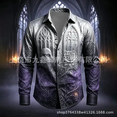 2026 Halloween Castle Crow Retro Design Long Sleeve Men's Shirt - 12