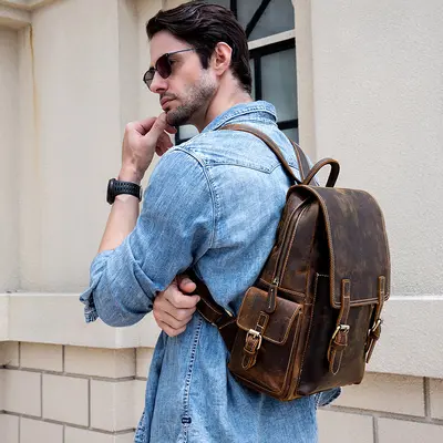 Crazy Horse Leather Vintage Backpack, Genuine Leather, Unisex - 3