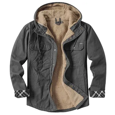 Men's Cotton Fleece-Lined Long Sleeve Shirt, Plus Size Thick Hooded Jacket