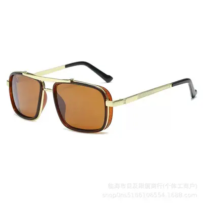 Retro Thick Square Frame Metal Punk Men's Sunglasses, Double Bridge - 9