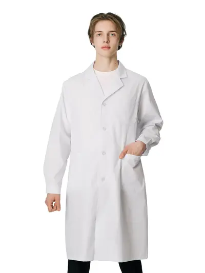 Long-sleeve white lab coat for university students, lab coat with logo, slim fit food laboratory white coat for men and women, work uniform.