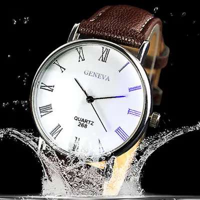 Korean fashion men's watch, alloy case, roman numerals, leather strap