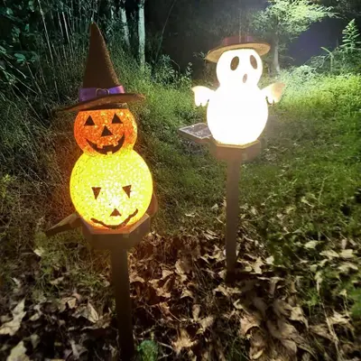 Solar Pumpkin Light with Cute Ghost Design, Halloween Ground Lamp