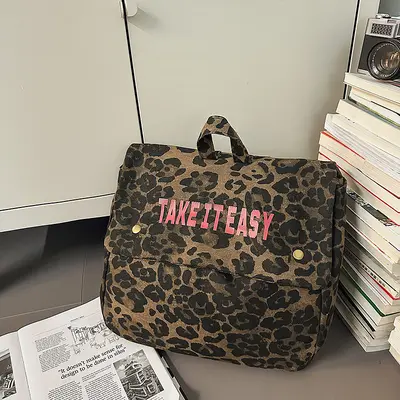 Leopard Print Canvas Backpack, Large Capacity for Travel and School - 6