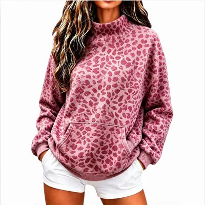 Women's Leopard Print High-Neck Sweatshirt, Loose Fit, Long Sleeve, Autumn Winter - 10