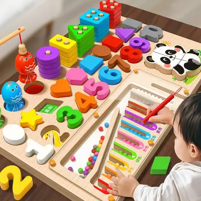 Montessori Smartboard Früherziehungs-Lernspielzeug für Kinder 0-3 Jahre Lehrmittel Bausteine 0-1 Jahre 2 Baby Holzpuzzles 1