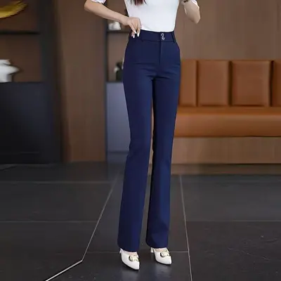 冬加绒保暖弹力西装裤黑色微喇裤子女春秋新款休闲裤喇叭裤长裤 - 8