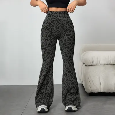 Women's Leopard Print Yoga Micro Flare Pants, High Waist Butt Lift - 8