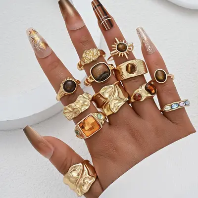 Hanzhishang Grenzüberschreitender Bestseller europäisch-amerikanischer Vintage-Boho-Stil stapelbarer Fingerschmuck Nischen-Design-Ring-Set für Damen - 13