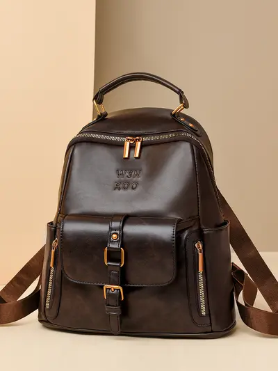 Women's Soft Leather Backpack, Large Capacity Retro School Bag - 3