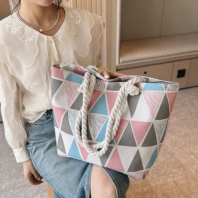 Creative Printed Large Shoulder Bag New Comfortable Fashion Canvas Women's Bag Korean Style Single Shoulder Cross Thick Rope Beach Bag