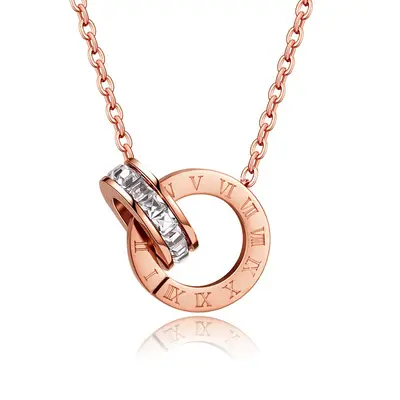 Niche luxury design clavicle chain, simple and versatile Roman double-ring necklace, 18k rose gold titanium steel accessory necklace pendant. - 9