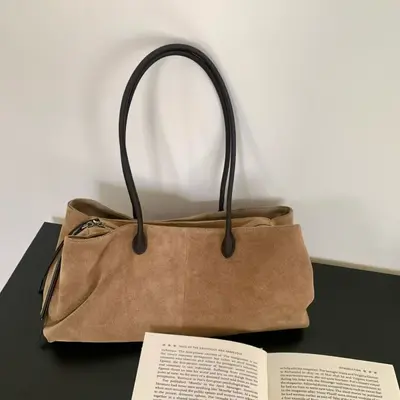 Retro Suede-Look Women's Shoulder Bag, Matte Finish, Solid Color - 4