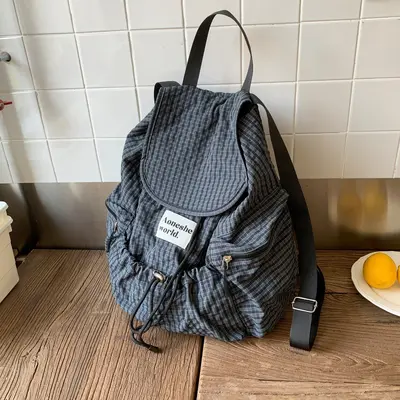 Korean-Style Lightweight Nylon Plaid Backpack, Large Capacity, Drawstring Tote - 8