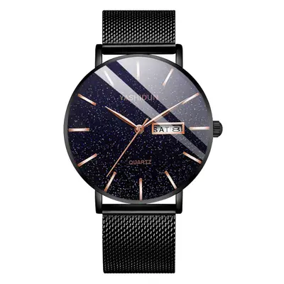 Men's quartz watch, waterproof, dual calendar, starry sky design