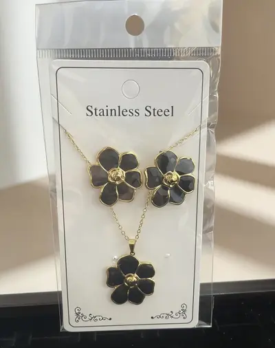 Flower and Water Drop Enamel Earring and Necklace Set, Stainless Steel - 7