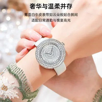 Damen-Quarzuhr mit vollständiger Kristallbesetzung und echtem Lederarmband - 3