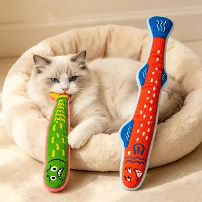 Catnip Crinkle Fish Cat Toy, Bite-Resistant Long Fish-Shaped Plush Pillow - 2