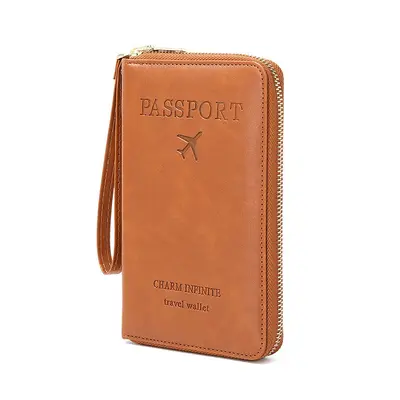 RFID Protected Long Passport Wallet with Zipper, Ticket and Document Bag