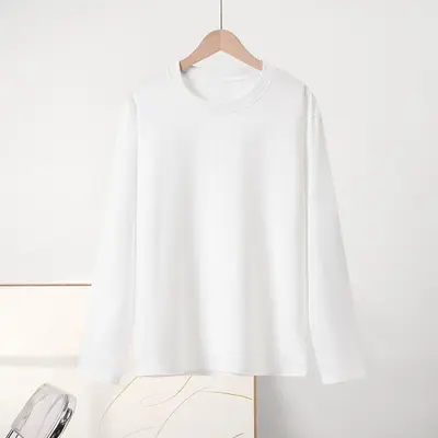 Women's 230g simple inner-lined shirt autumn long sleeve pure cotton right shoulder men's t-shirt round neck solid color double outfit wholesale - 7