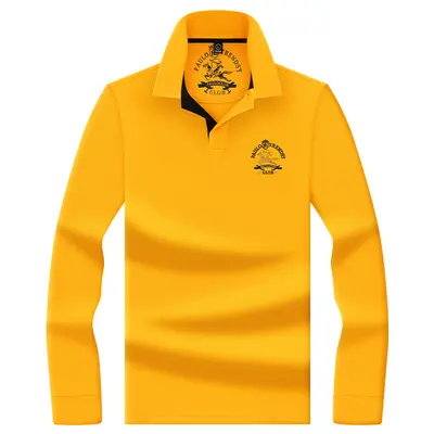 Men's 100% Mercerized Cotton Polo Shirt, Embroidered Small Horse Logo, Long-Sleeve - 9