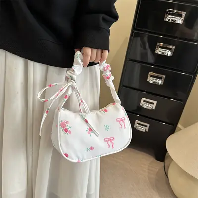 Damen-Umhängetasche mit Falten und Schleifenprint, koreanischer Stil