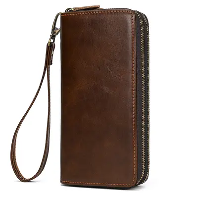 Crazy Horse Genuine Leather Men's Long Zip Wallet, Double-Layer - 12