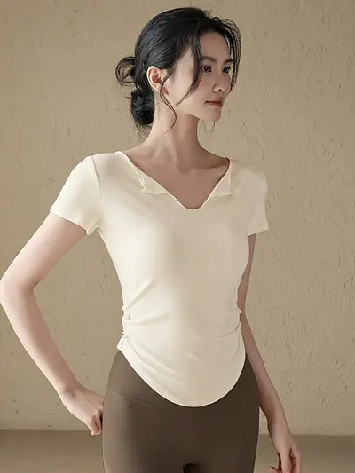 简约纯色 V 领瑜伽上衣紧身健身服无痕高腰瑜伽裤健身运动套装女 - 5