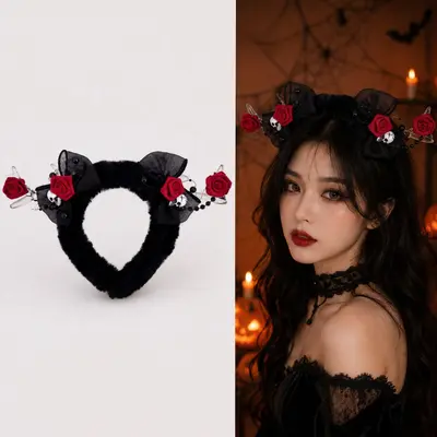 Halloween Devil Horn Headband with Black Veil and Skull Flower - 13