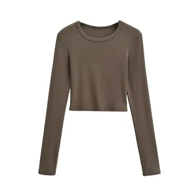 Women's Slim Fit Long Sleeve Stretch Basic T-Shirt, Solid Color, Round Neck - 7