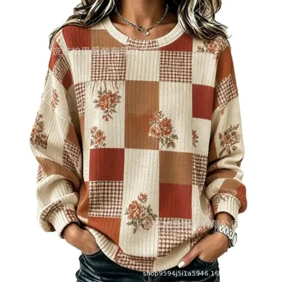 Women's retro Christmas print sweatshirt with round neck, autumn and winter