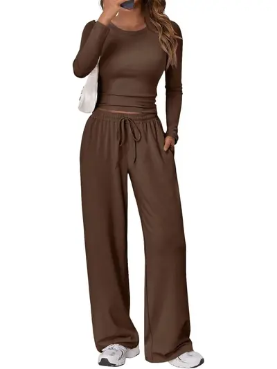 Women's Sports Yoga Set, Autumn Winter Solid Color Long Sleeve Round Neck - 13