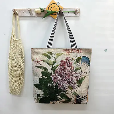 Gold Silk Fabric Women's Canvas Tote Bag with Creative Pattern - 10