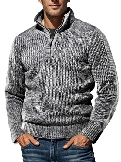 Men's Half Turtleneck Zip Sweater, Fleece-Lined, Thickened - 10