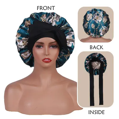 Printed Elastic Satin Bonnet with Bow, Double-Layer Reversible - 11