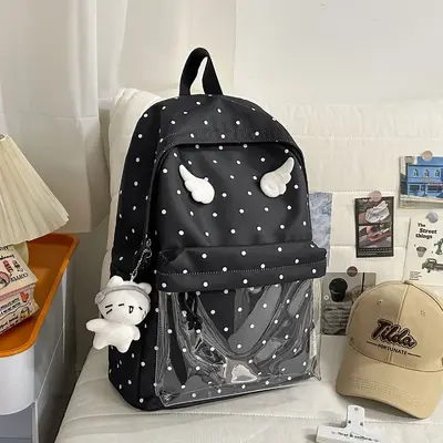 Blue Polka Dot Retro Backpack, Small Capacity, Japanese Style - 10
