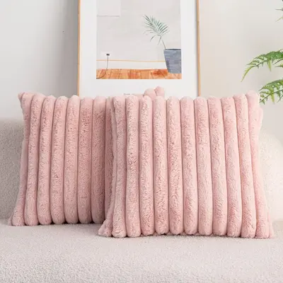 Rabbit Fur Throw Pillow Cover, Rectangular, Vertical Stripe Plush - 3