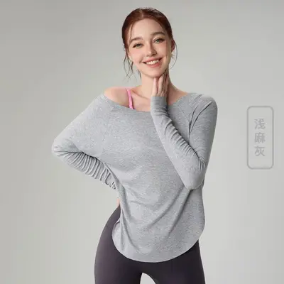 Kadın Rib Örgü Yoga Üstü, Gevşek Omuz Açık Uzun Kollu Fitness Kıyafeti - 8