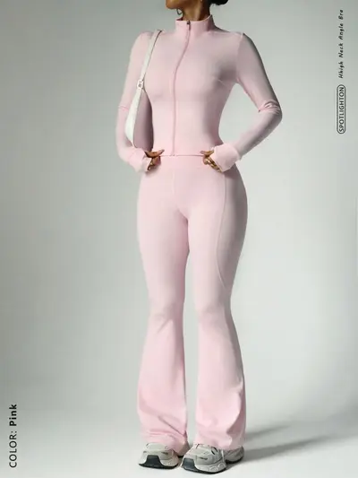 Zipper Long-Sleeve Jacket and Flare Pants Yoga Set, Nude-Feel Fitness Wear - 7