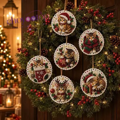 Round Wooden Christmas Diamond Painting Hanging Ornament Set, 6 Pieces