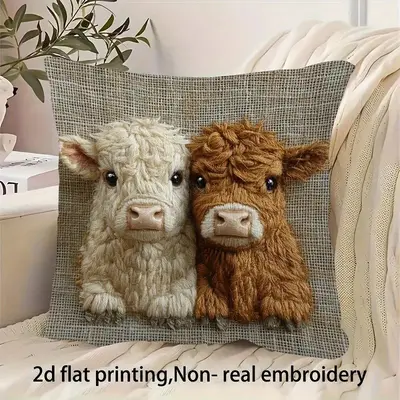 Highland-Rind Kissenbezug Kuschelkissenbezug Kuscheltier Kurzflor Samtig Niedliches Tierdruck Sofa Wohnzimmer Deko Kissen Bezug Cremestil