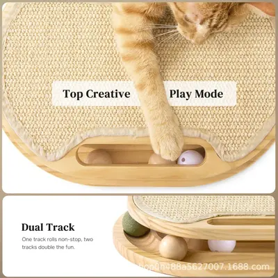 Wooden Cat Scratching Board with Ball Track Toy, Indoor Sisal Scratching Pad