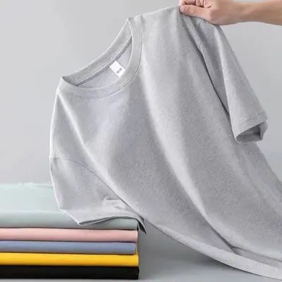 Sommerliches Milchweiß-Seide-180g-Baumwoll-Herren-T-Shirt mit kurzen Ärmeln in Weiß, lockerer Schnitt, undurchsichtige Auskleidung, Sommer-Oberteil, direkt vom Hersteller - 10